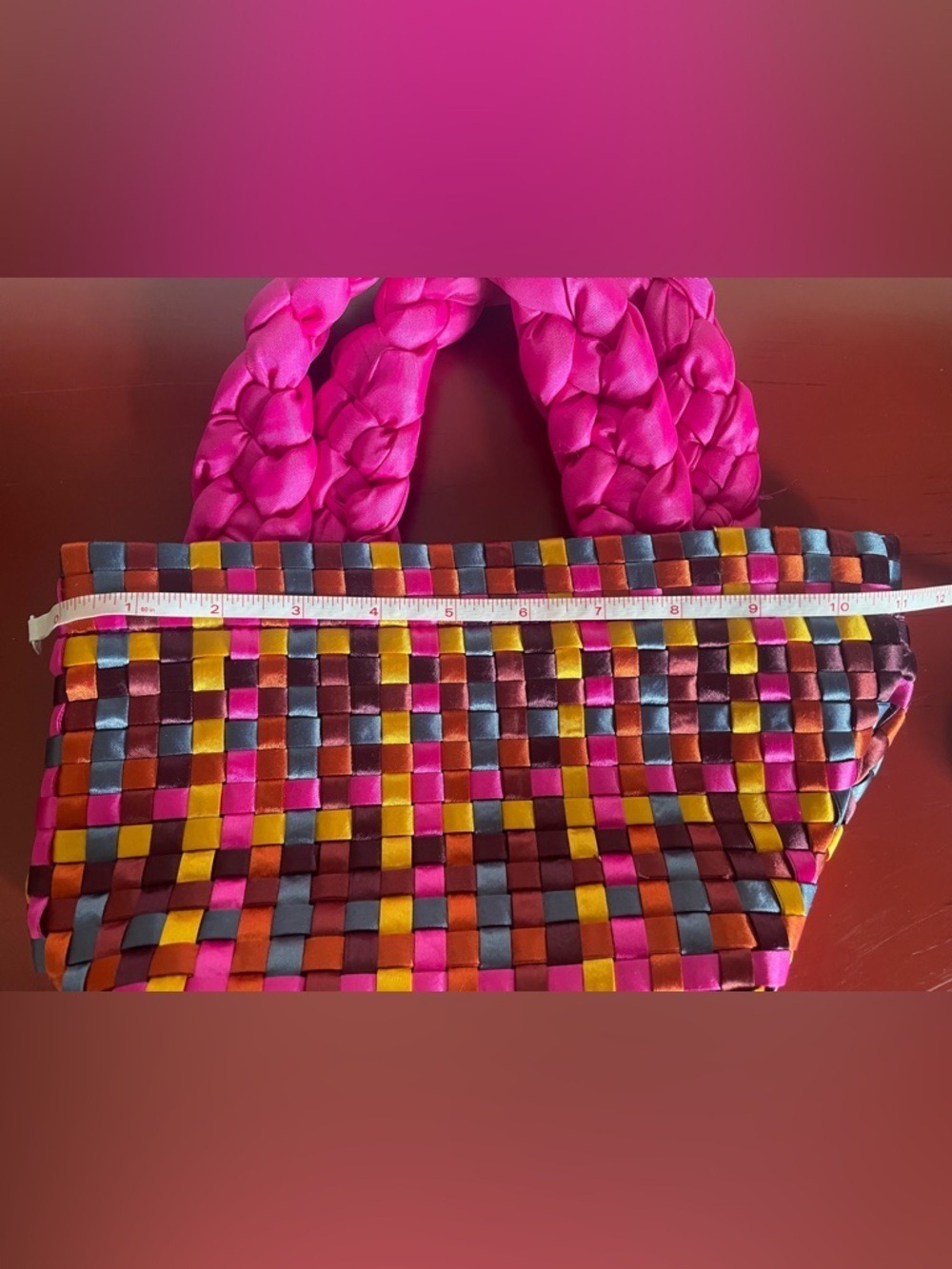 2 Handwoven Satin-Like Mini Tote Bags - Lavender/Blue/Green & Pink/Yellow/Orange - Picture 10 of 12